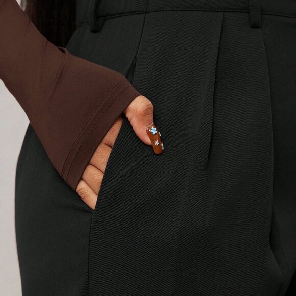 Black Women's Casual High Waisted Pleated Wide Leg Pants - Picture 4 of 5